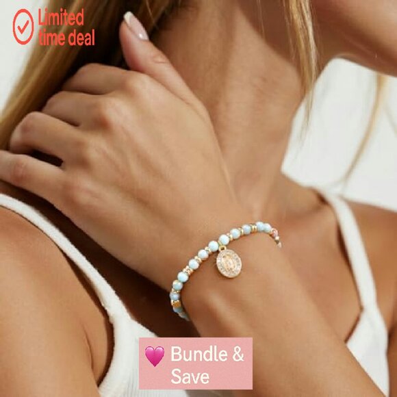 14K Gold Plated Virgin Mary Cross Bracelet Adjustable Dainty Beaded - Picture 3 of 8